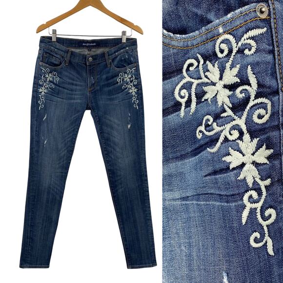 Driftwood Jeans Embroidered Floral Skinny Slim Fit Distressed Blue Denim size 29 - Picture 1 of 11